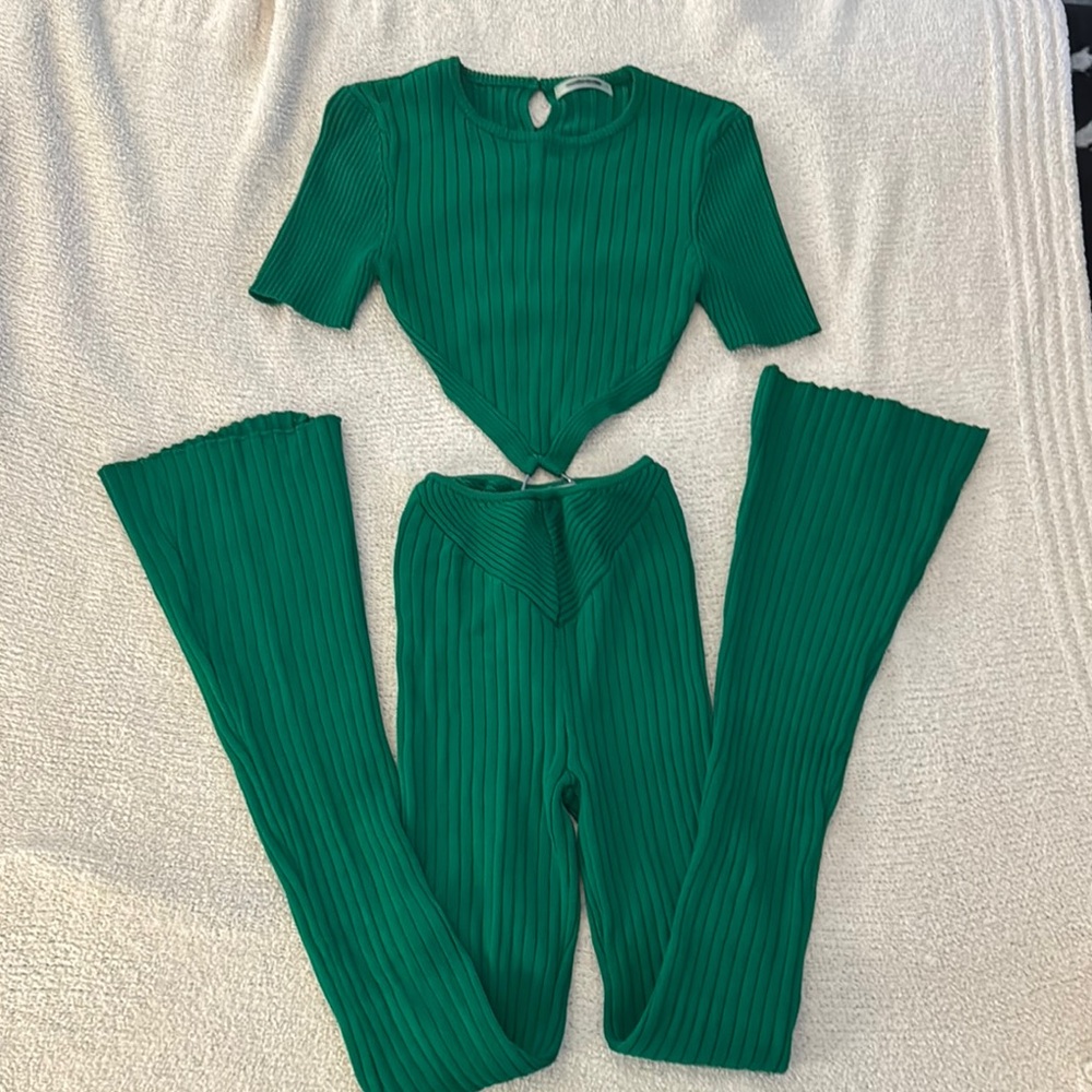 Green Ribbed Knit Set - Women Pants & Jumpsuits